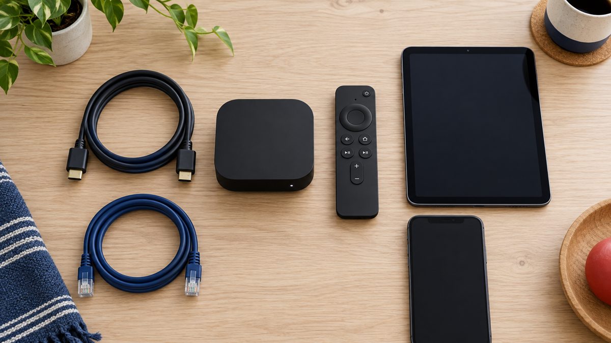 AI-illustrasjon av TV-boks, fjernkontroll, HDMI-kabel, nettverkskabel, mobil og nettbrett