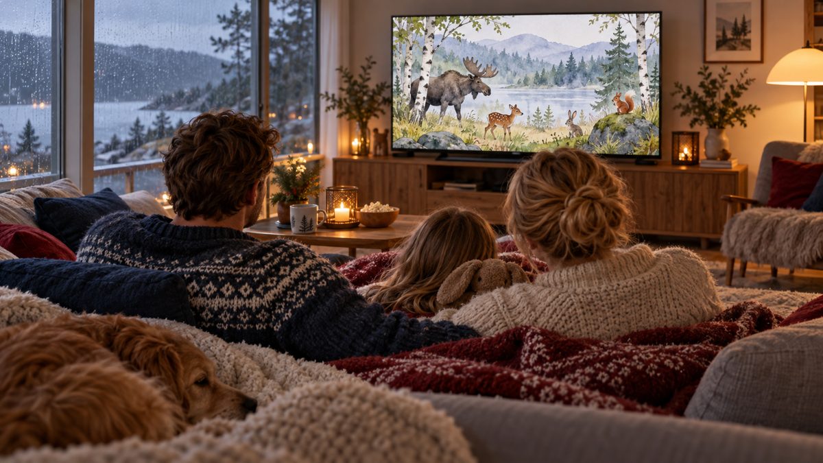 AI-illustrasjon av en familie som ser et tegnet skoglandskap på TV