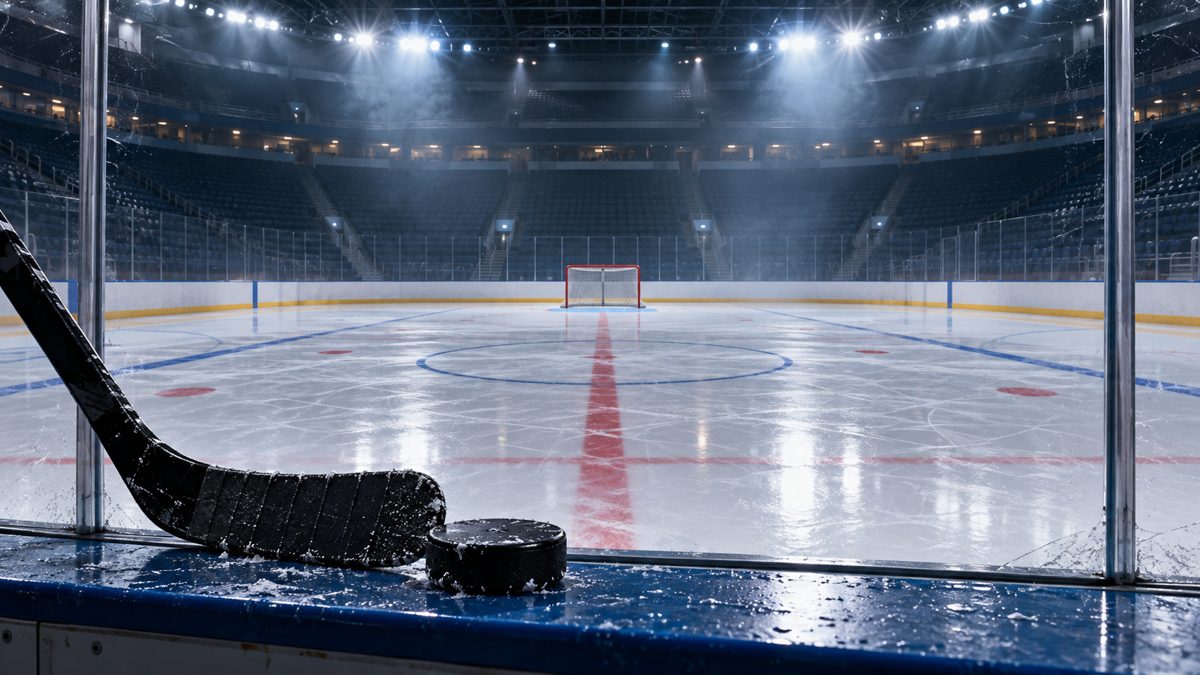 AI-illustrasjon av en tom ishockeybane med mål, kølle og puck