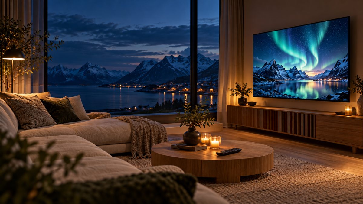 AI-illustrasjon av en nordisk stue med TV, fjernkontroll og nordlys på skjermen
