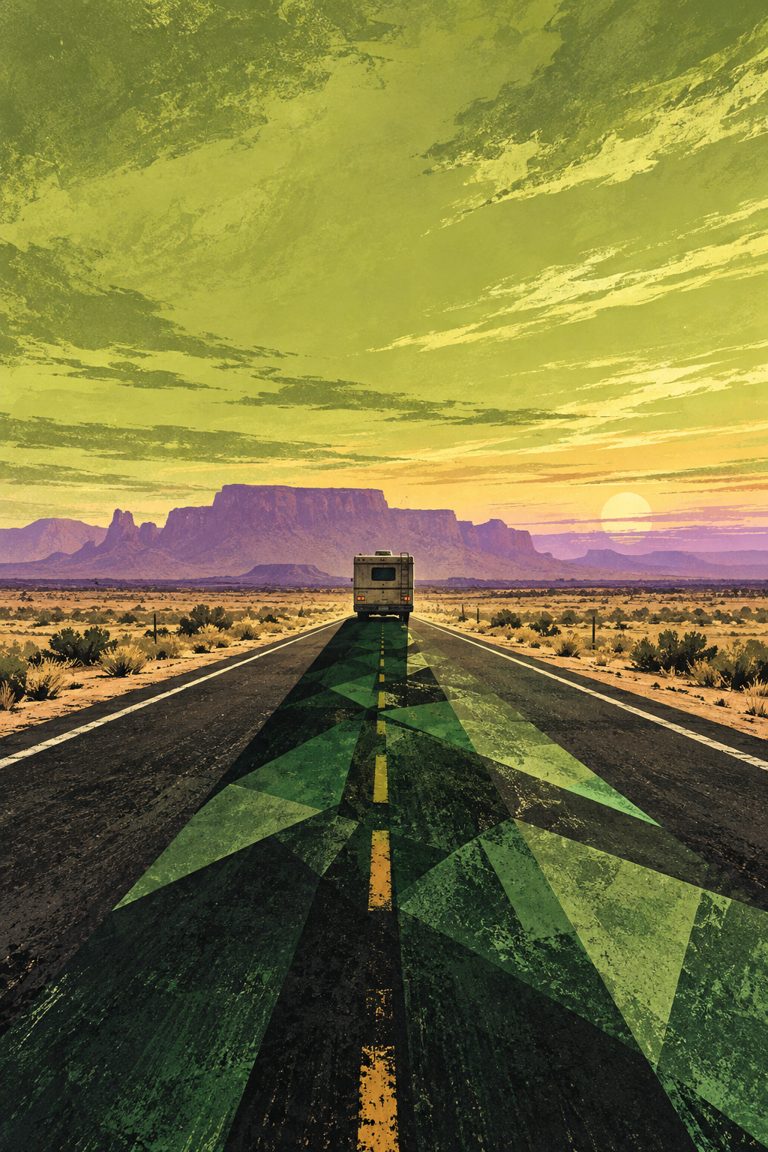 Original AI-illustrasjon inspirert av Breaking Bad: bobil på en øde ørkenvei
