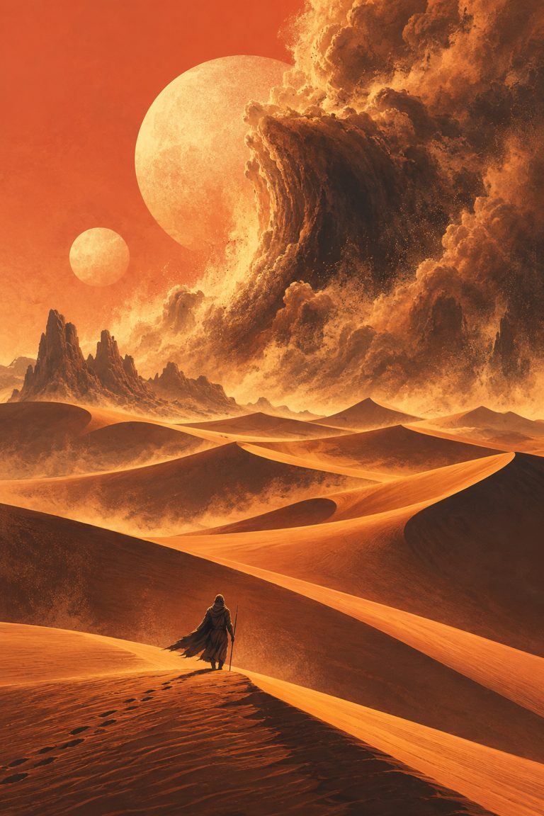 Original AI-illustrasjon inspirert av Dune: Part Two: vandrer mellom oransje sanddyner