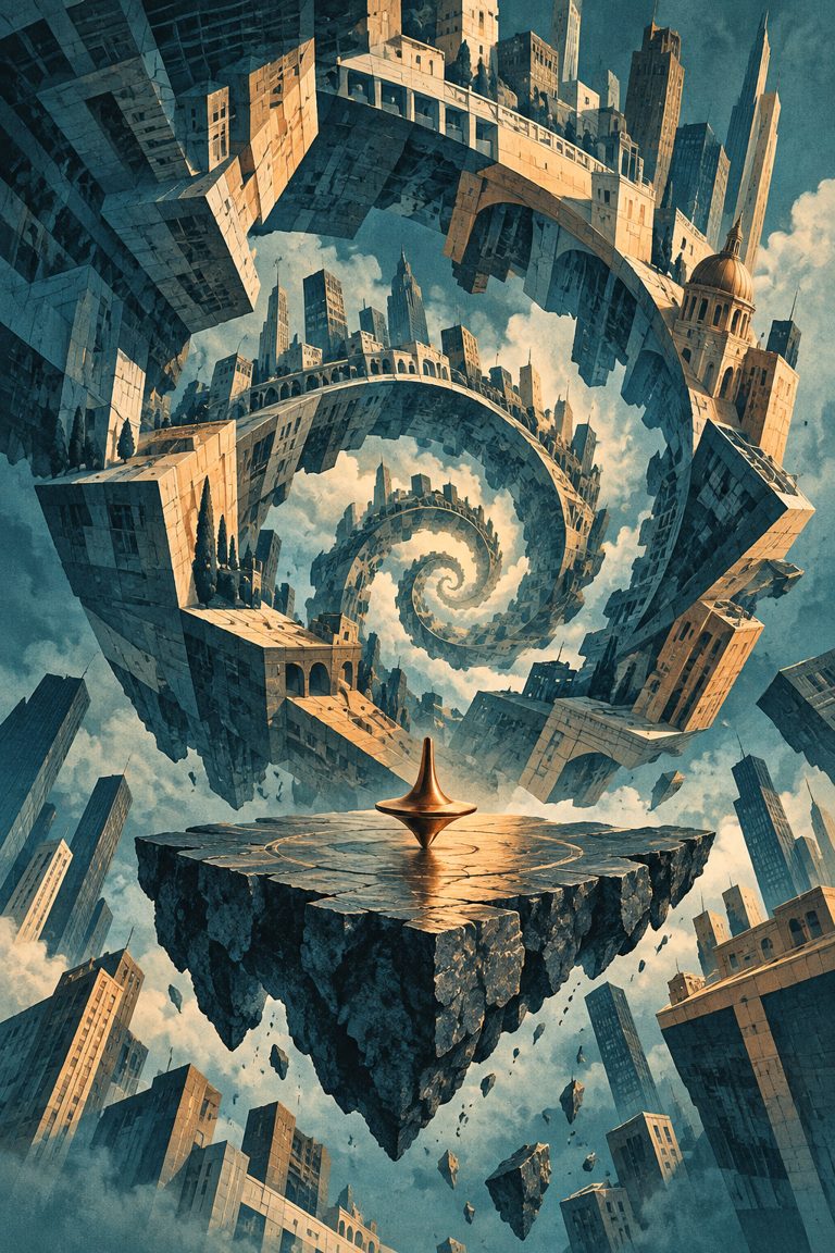 Original AI-illustrasjon inspirert av Inception: snurrebass foran en spiralformet by