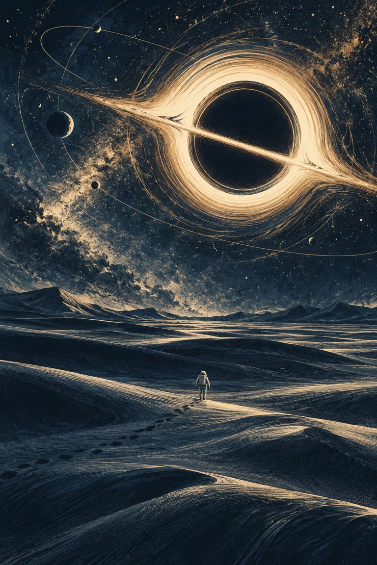 Original AI-illustrasjon inspirert av Interstellar: astronaut under et gyllent gravitasjonsfelt