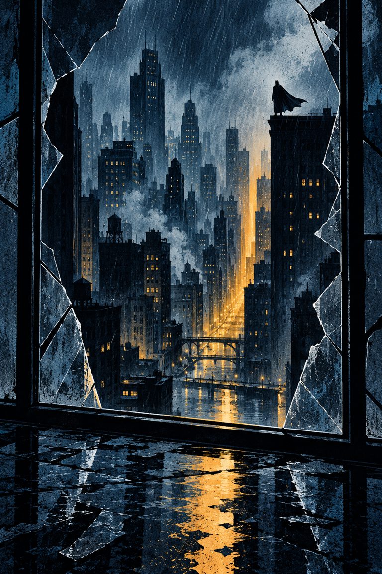 Original AI-illustrasjon inspirert av The Dark Knight: mørk by med en fjern kappekledd silhuett