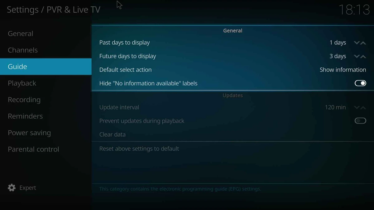 Programguidens innstillinger i Kodi – faktisk skjermbilde fra Kodi